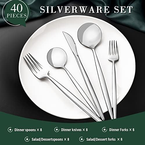 40-Piece Silverware Set for 8, CEKEE Stainless Steel Flatware Cutlery Set Included Knife Spoon and Fork, Kitchen Utensils Set for Home Hotel Wedding Restaurant - Mirror Polished & Dishwasher Safe - Image 3