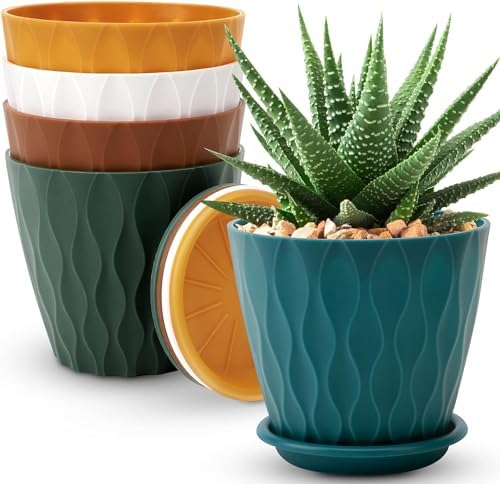 6 inch Plant Pots, 5 Pack Flower Pots Outdoor Indoor, Planters with Drainage Holes and Tray Saucers(Multicolor) - Image 2
