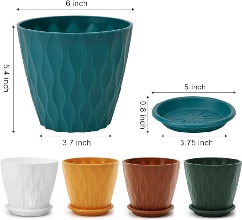 6 inch Plant Pots, 5 Pack Flower Pots Outdoor Indoor, Planters with Drainage Holes and Tray Saucers(Multicolor) - Image 3