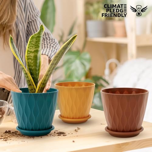 6 inch Plant Pots, 5 Pack Flower Pots Outdoor Indoor, Planters with Drainage Holes and Tray Saucers(Multicolor) - Image 7