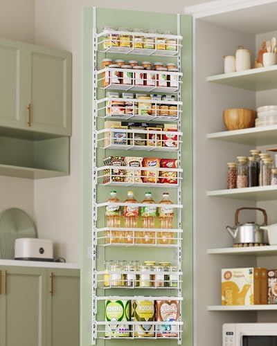 8-Tier Adjustable Over the Door Pantry Organizer with 2 Sets Hooks Fits Most Doors, Hanging Spice Rack for Pantry Door Organizer And Storage, White - Image 2
